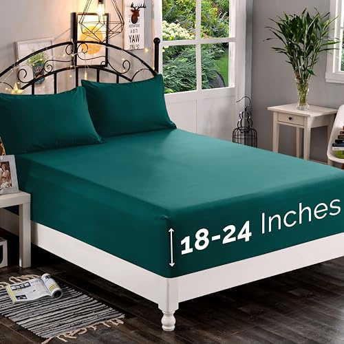 Elegant Comfort 1500 Premium Quality Fitted Sheet Ultra Soft 18-24 Inch Extra Deep Pocket - Single Fitted Sheet for High Mattress - Wrinkle Free with Smart Storage Pockets, Queen, Marine Teal