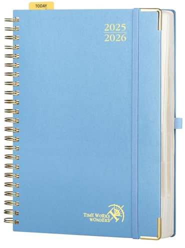 POPRUN Tagesplaner 2025 2026 Ringbuch mit Hardcover 30,5 x 22 cm, Tageskalender A4 1 Tag 1 Seite (Montag - Sonntag), Terminplaner (Aug.2025-Jul.2026) mit Plastiklineal - Dunstblau