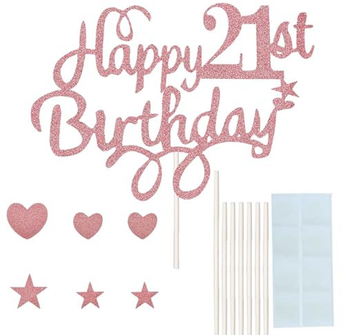 Happy 21st Birthday Cake Topper, Rose Gold Glitter Heart Star Cupcake Cake Topper, 21st Glitter Cake Decoration, for Birthday Party Cake Supplies