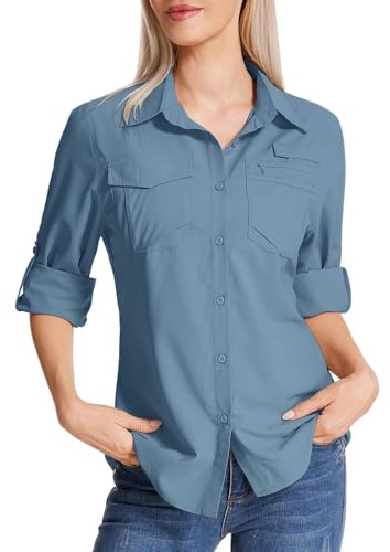 Faysfad Women's Safari Shirt UPF 50 UV Sun Protection Quick Dry Shirts Long Sleeve Hiking Walking Fishing Outdoor Travel(5081,Ocean Blue,M)