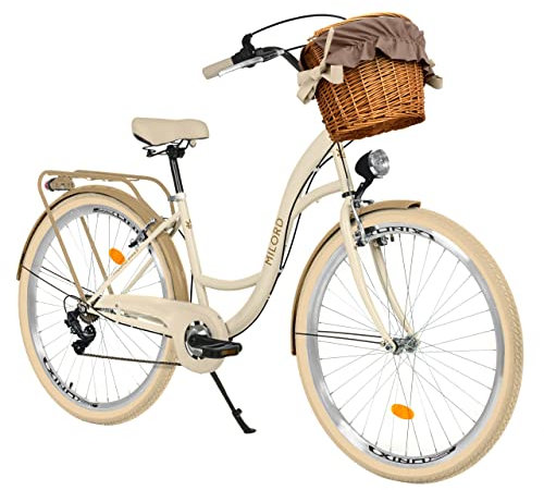 MILORD Damenfahrrad Citybike Komfort Mit Weidenkorb Hollandrad Vintage Fahrrad, 26, 28 Zoll, 7-Gang (Creme-Braun, 26 Zoll)