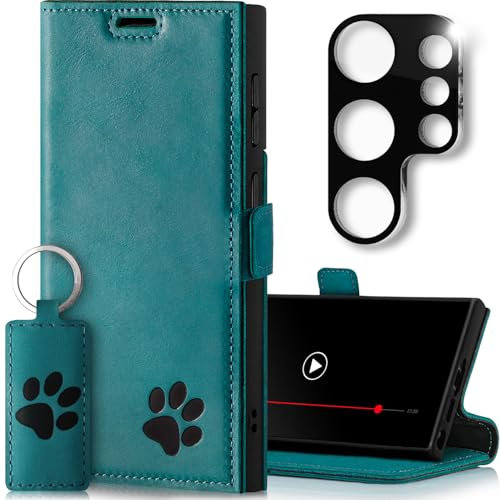 SURAZO Premium Handyhülle für Samsung Galaxy S25 Ultra Hülle mit Kameraschutz - Echtleder Flip Case Schutzhülle [Kartenfächern] [RFID Schutz] [Ständer] [Pfote Motiv] Klappbar Lederhülle (Türkis)