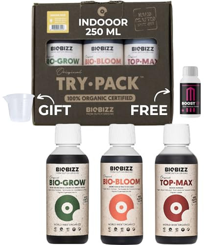 Growmania Trypack Indoor Biobizz + Boost Up Nutrients Probe + Messbecher | Bio Grow, Bio Bloom und Top Max Dünger für Pflanzen und Kulturen | Wachstumsstimulation