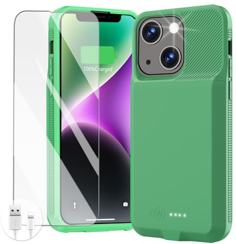 Battery Case for iPhone 13/13 Pro/14/14 Pro, Ultra-Slim Charging Case Real 7000mAh Rechargeable Anti-Fall Protection Extended Charger Cover for iPhone 13/13Pro/14/14 Pro Battery Case(6.1 inch)Green