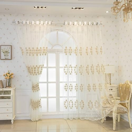 Epinki Vorhang Muster Ösenschal 2 Stück, Voile Gardine Semi Transparent Blumen und Weinstock Muster Transparente Vorhang aus Polyester Dekoschal Fensterschal für Schlafzimmer Beige H138 x B102 cm