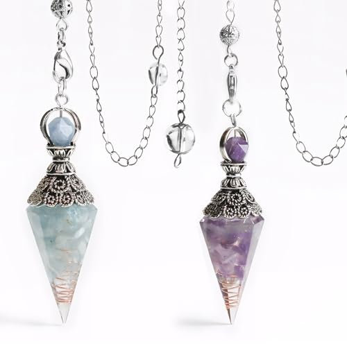 Amethyst Kristall Pendel,2 Stücke Natürlichem Kristall Edelsteine Kegel Anhänger mit Kette,Klarer Harz Pendel Ornamente für Wahrsagen Hexerei Zeremonie Reiki Witchcraft Meditation (Lila,Blau)