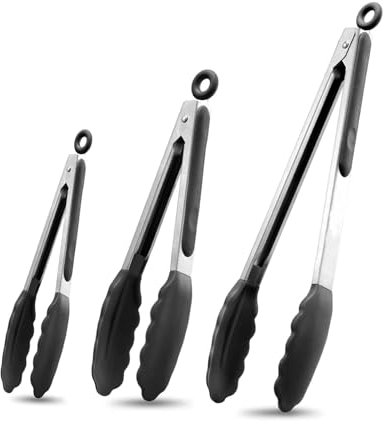 AMZDIAI Pinces de cuisine avec embouts en silicone, pinces pour la cuisson résistantes à la chaleur à 600 degrés, pinces de verrouillage en acier inoxydable, noir, lot de 7,6 à 17,8 cm, 22,9 cm et