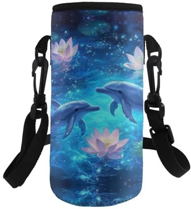 COEQINE Insualted Water Bottle Sleeve Kids 500Ml for Girls Dolphin Pink Lotus Flower Water Bottle Carrier Bag Neoprene Portable Insulated Sling Holder Bag,for Stainless Steel and Plastic Bottles