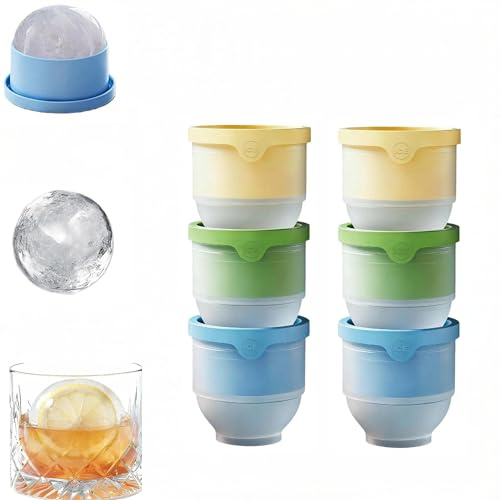 6 Stück Groß Eiswürfelform mit Deckel, Eiswürfelform Rund mit Deckel | 6CM XXL Runde Eiswürfel BPA-Freie Ice Cube Ball für Whiskey, Cocktails, Wein, Bier und Getränke (Blau, Grün, Gelb)
