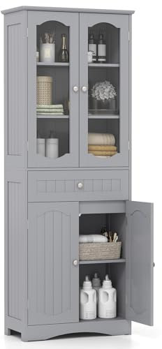 COSTWAY Armoire de Rangement de 160 cm de Haut, 2 Portes en Verre Transparent, 2 Etagères Réglables, 1 Tiroir, Autoportante, pour Salle de Bain, Cuisine, Salon, Salle à Manger, Bureau, Gris