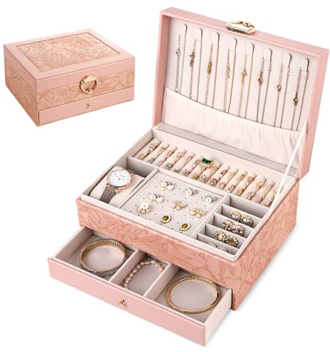 Ninonly Schmuckkästchen Ohrringe mit 2 Ebenen Printed Schmuckkästchen für Damen Mädchen PU-Leder Schmuckaufbewahrung Ohrringe für Ringe Armbänder Halskette Mit Schloss und Schlüssel Weiß