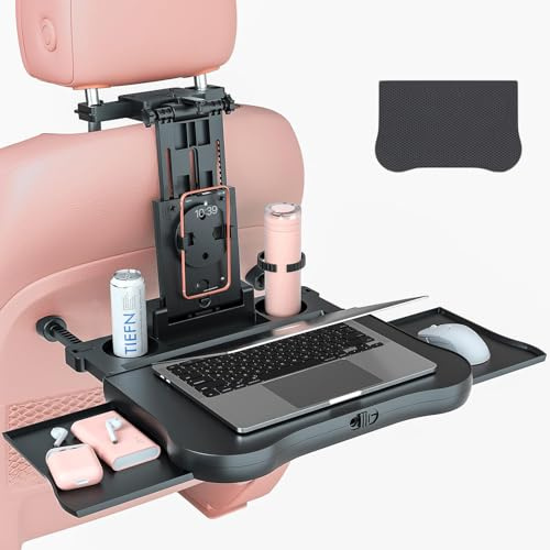 Duscdesp Auto Tisch für Rücksitz,Reisetisch Auto Kinder Erwachsene, Schreibtisch mit Getränkehalter und Handyhalter,HöhenverStellbarer Klapptisch mit Rutschfester Matte, Belastbarkeit 15-20KG