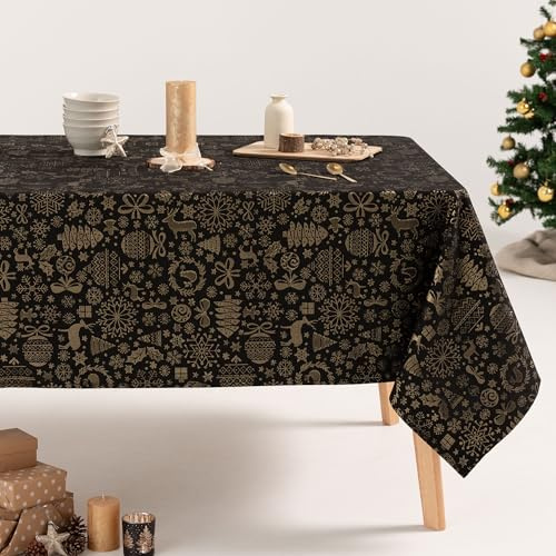 GAMUSI Tischdecke für Weihnachten, Blumenmuster, Jacquard, Goldgarn, Esstisch, rechteckig, Weihnachtsdekoration, 140 x 240 cm, Schwarz