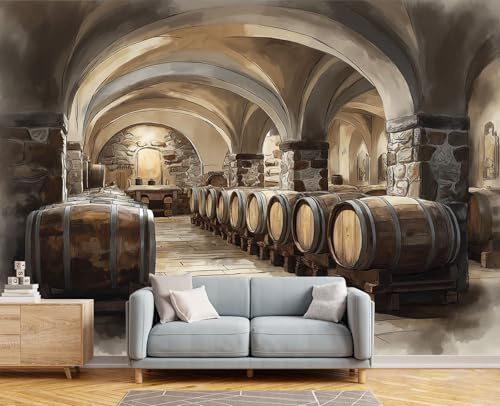 DACRWEKZ Papier Peint Soie Style rétro 200 x 140 cm Papier Peint Panoramique Fûts de cave à vin Décoration Murale pour Salon, Chambre, Décor Fond TV
