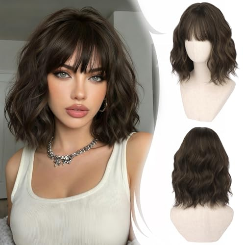 RUWISS Kurze Gewellt Bob Perücke Damen mit Pony, Braun mit Highlights 35 cm Synthetische Lockige Haare Perücken für Cosplay Tägliche Party Halloween