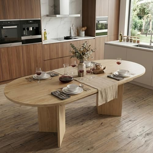 HIYYIH Mesa de Comedor Extensible Ovalada, 120/160 x 80 cm, Mesa de Comedor de Estilo Simple, Mesa de Cocina para 6-8 Personas, Tapa Gruesa, Esquinas Redondeadas, Color Roble