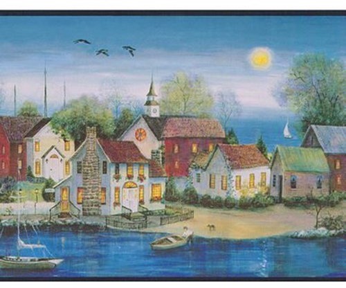 Chesapeake PC95091B Country Houses Wallpaper Border, Blue & Black