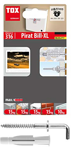 TOX Hakendübel Pirat Bill-XL mit Allzweckdübel TRIKA 8x51 mm und Schraube mit langem Winkelhaken, Dübel und Haken für Befestigungen in fast allen Baustoffen, jeweils 4 Stück im Blister, 051701221