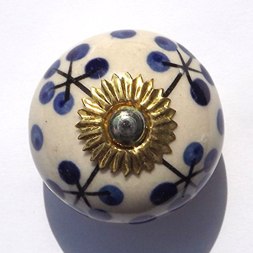 Antique White Round with Black stem and Blue Spots (Brass Fittings) Ceramic Cupboard Door knobs Drawer pulls Shabby Chic Handle Porcelain