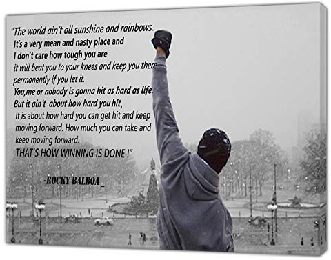 ARTSPRINTS Rocky Balboa Foto mit Zitaten in Schwarz-Weiß-Druck auf gerahmter Leinwand, 61 x 40,6 cm, 18 mm Tiefe