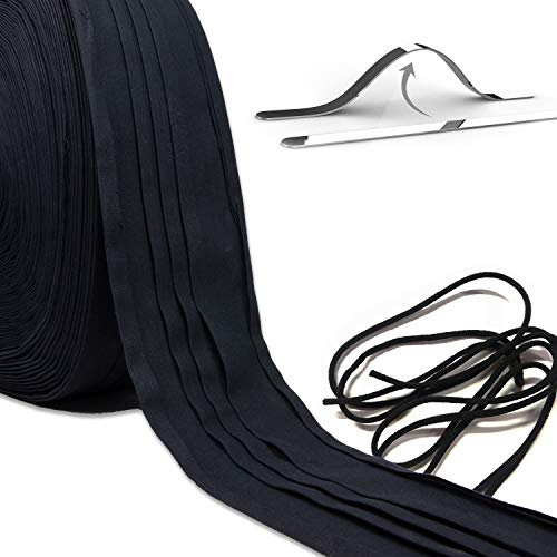 Urhome 25 Meter Nähkit Set ideal für DIY Gesichtsbedeckungen in Schwarz - 25m Baumwollstoff vorgebügelt + 50m rundes Gummiband + 125 Nasenbügel aus Aluminium I Nähstoffe zum Nähen Gummi Patchwork