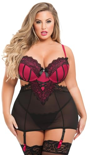 Lovehoney Lingerie for Women Black Boudoir Belle Cherry Cut-Out Satin Chemise Set - Padded Underwired Cups & G String - Large: 14-16