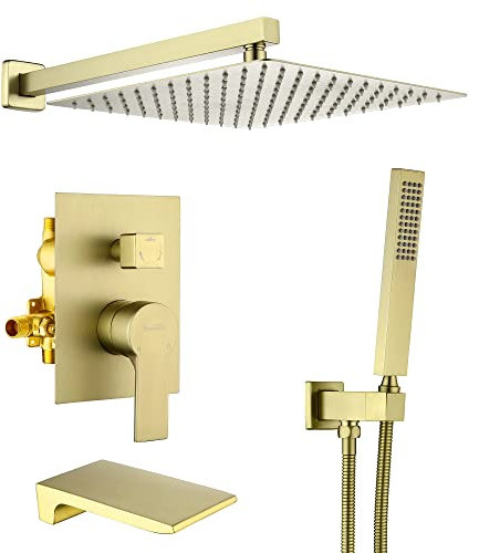 SHAMANDA Shower System with Waterfall Tub Spout and Handheld Shower Head, 12 Rain Shower Faucet Sets Complete with Shower Round-in Valve and Trim Wall Mount, Brushed Gold, L101-3