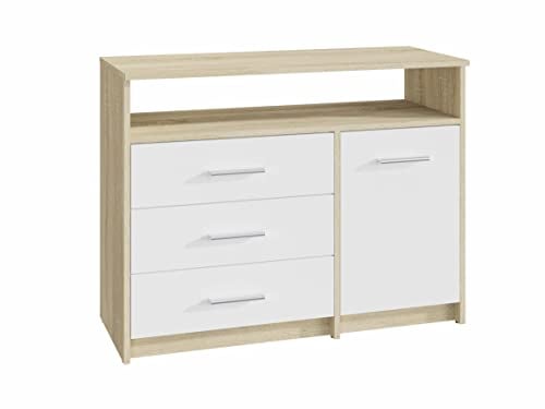MATKAM Kommode Bodo 1D3SO, H75 x B98 x T35 cm, mit 3 Schubladen, einem Ablagefach und einem Türschrank, Griffe in Metall-Optik, Schubladen-Führungsschienen aus Metall (Sonoma Eiche – weiß)