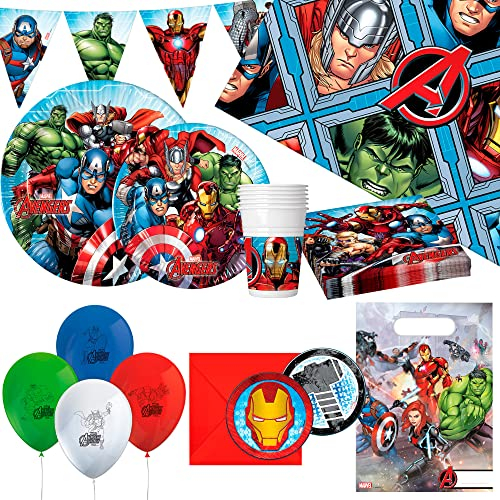 Disney - Set fiesta cumpleaños infantil Avengers, Decoración cumpleaños superhéroes, Vajilla desechable infantil, 64 piezas (vasos, servilletas, platos, banderines, globos, invitaciones) (71997)