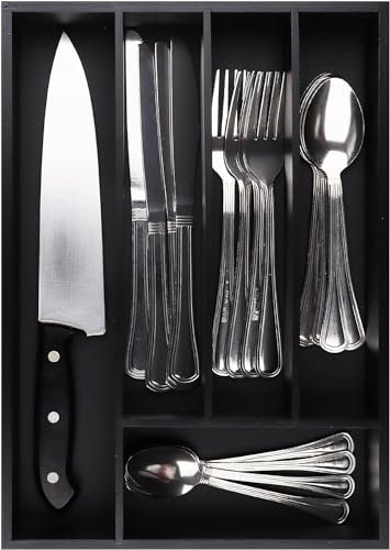 Pristine Bamboo Kitchen Drawer Organizer and Utensil Organizer - Cutlery Tray - Flatware, Utensil and Silverware Holder - Silverware Tray for Drawer (5-Slots, Black)