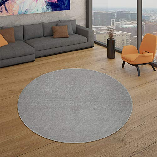TT Home Wohnzimmer Teppich Kurzflor Unifarbendes Design Modern Und Zeitlos, Farbe:Silber, Größe:Ø 160 cm Rund