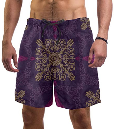 GORDESC Herren-Badehose mit violettem Medaillon, glänzendes Blumenmuster, schnell trocknend, mit Taschen/Netzfutter, mehrfarbig, XXL