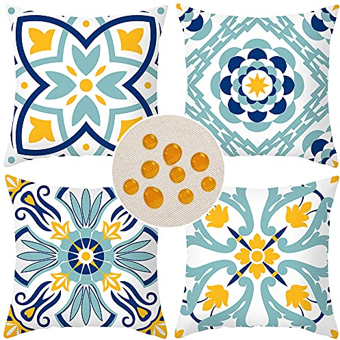 Cirzone wasserdichte Kissenbezug 4 Stück 45 x 45 cm Dekorative Outdoor Kissen Wasserfest Atmungsaktiv Blauer Druck Kissenbezug Werden für Sofakissen Garten Outdoor