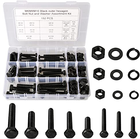 CYLBAQ 152 Stück M6/M8/M10 Mutter- und Bolzen-Sets, legierter Stahl, Außensechskantschrauben, Schrauben und Muttern, Schloss und flache Dichtung, Unterlegscheiben (schwarz)