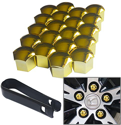 senvenelec 20 Pcs Wagen Universal 17mm Kunststoff Nut Abdeckkappe Schraube Auto Mutter Covers Bolt Radkappen, Radschrauben 17mm Radmuttern Kappen.mit 1 stück Abziehhaken (Gold).