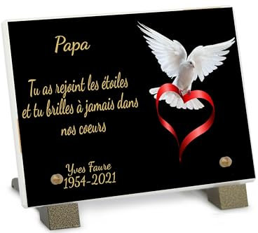 PHENIX | Plaque Funéraire Cœur Colombe, Plaque Funéraire Colombe Personnalisable en Pierre (18x12 cm) - Texte 100% Personnalisable - Résistante aux UV - Colombe et Coeur Ruban Rouge