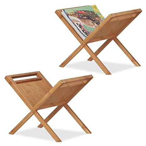 Relaxdays 2 x Zeitungsständer Bambus, Ablage, Sammler, Tragegriffe, handlich, platzsparend, stehend, DIN A4, DIN A5, Natur