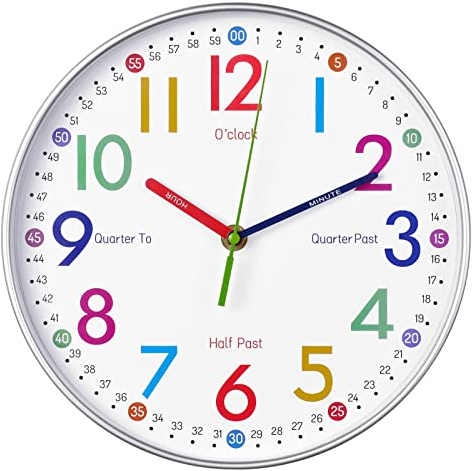 AIRUIFU Reloj de Pared de Colores para niños Analógico silencioso 25cm Reloj de Cuarzo para habitación Infantil Aprender a Ver la Hora Sala de Estar Habitación Infantil Escuela