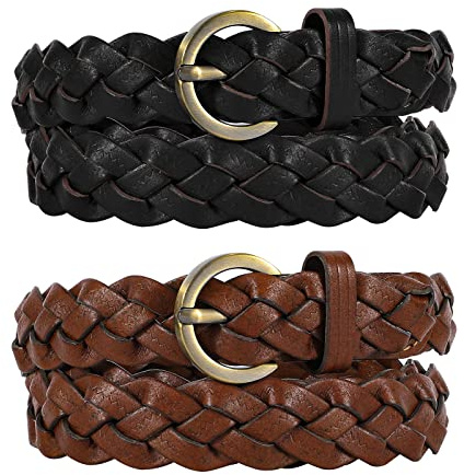 XZQTIVE 2 Pieces Women's Braided Leather Belts Casual 0.9 Skinny Woven Belt for Jean Pant