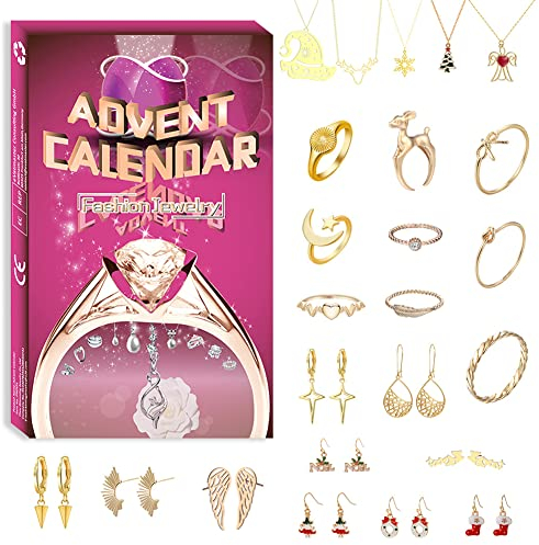 LICHENGTAI Adventskalender Schmuck 2023, Frauen Schmuck Adventskalender Mädchen Weinachtskalender Damen Schmuck Set Ohrringe Ohrstecker Halskette Ringe Armbänder Countdown Kalender für Damen Mädchen