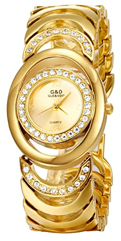JewelryWe Uhren Damen Analog Quarz 30m wasserdichte Armbanduhr Elegant Einzigartig Strass Oval Beiläufige Uhr mit Metall-Armband und Uhrenwerkzeug Gold