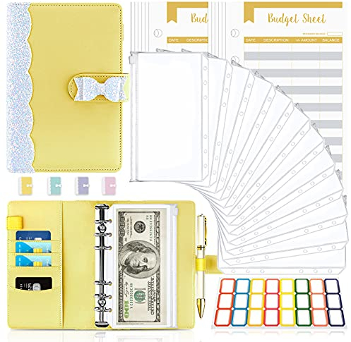Budget Planner Budget Binder A6, Budgetplaner Geld Organizer mit Weiche PVC Tasche, TAOPE Leder Binder Notizbuch A6 Cash Stuffing, Budget Planner Haushaltsbuch mit Geldfächer Schmetterling Gelb