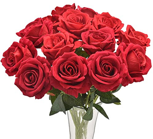 Avoik 12 Stück Rosen Künstliche Blumen Rot 50cm Einzelne Langstielige Seidenrosenstrauß Künstliche Blumen Rosen für Valentinstag Braut Hochzeitssträuße Wohnzimmer Hotel Büro Dekor