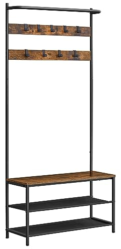 VASAGLE Garderobenständer, Garderobe mit Schuhbank, Kleiderständer, Kleiderstange, 9 abnehmbare Haken, 32,2 x 84 x 180 cm, Industrie-Stil, für Flur Schlafzimmer, vintagebraun-schwarz HSR421B01