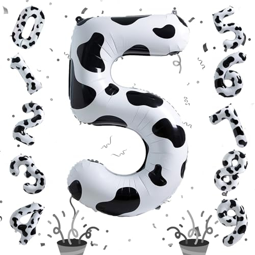 40 Zoll Zahl Luftballon 5 Deko, Kuh Druck Riesen Folienballons, Helium Zahlen 5 Ballon Jungen Geburtstagsdeko für Kinder Mädchen Bauernhof Tierthema 5. Geburtstag Cowgirl Cowboy Party Deko