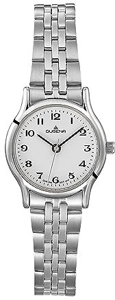 Dugena Damen-Armbanduhr Vintage, Quarzwerk, Edelstahlgehäuse, Mineralglas, Drückerfaltschließe, 3 bar, Farbe:Silber