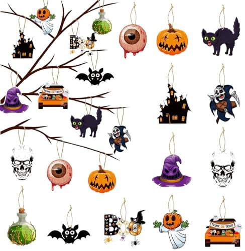Lot de 12 décorations d'Halloween à suspendre pour arbre, citrouille, chauve-souris, pierres tombales, fantôme, globe oculaire, tête de mort, horreur en papier, étiquette décorative pour enfants,