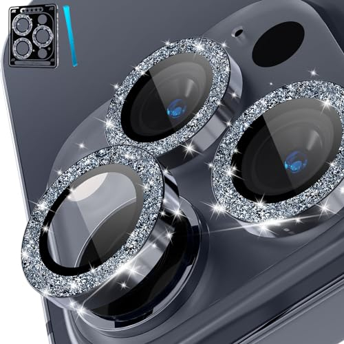 CloudValley [3 Pièces Protection Objectif Caméra Arrière pour iPhone 15 Pro 6,1'' & iPhone 15 Pro Max 6,7'', Accessoire Verre Trempé Anti-rayures Ultra Résistant Film, Pailleté Titane bleu