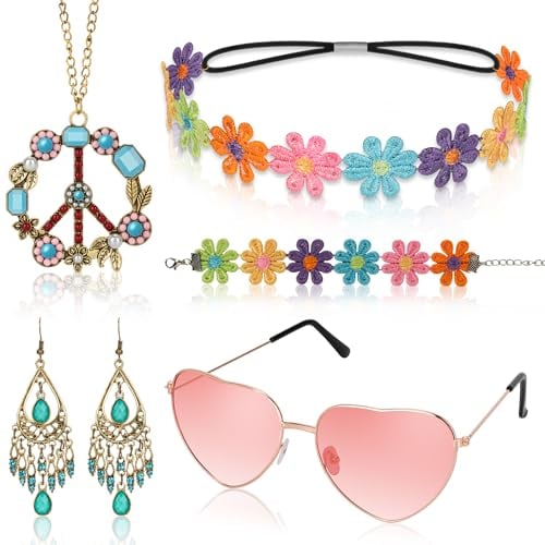 Alintor Hippie Accessoires, Schlagermove, Hippie Kostüm Damen Set, 5 Stück Flower Power Accessoires, 70er Jahre Bekleidung Damen, Peace Kette