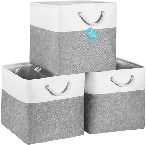 OrganiHaus 33x33 Cube Storage Bins Set of 3, Fabric Cube Baskets for Storage Shelves, Foldable Storage Cubes for Kallax Organizer Cube Bins w Rope Handles, Cubby Bins for Nursery Decor, Grey/White
